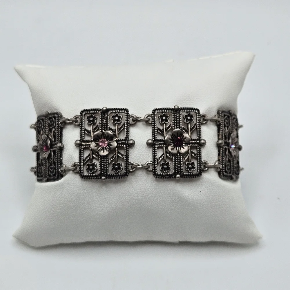 VINTAGE Art Deco Filigree Rhinestone Flower Articulated Panel Link Bracelet